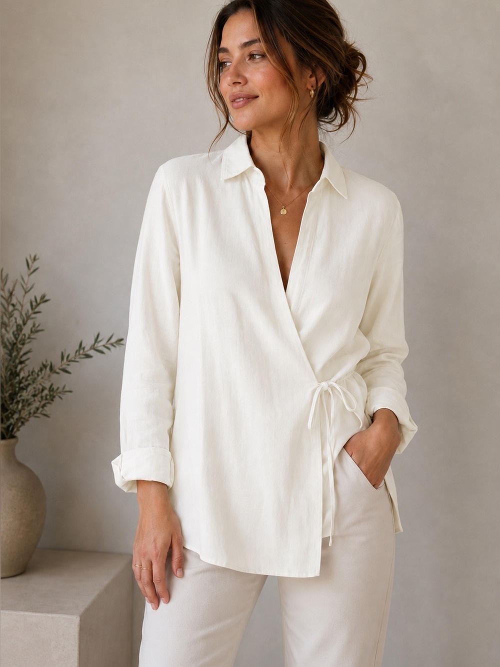 Kenneth Cole Ivory Wrap Tie Blouse linen blend M NWT